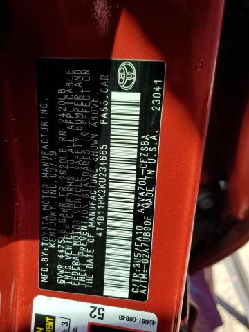 4T1B11HK2KU234665 - 2019 TOYOTA CAMRY L RED photo 12