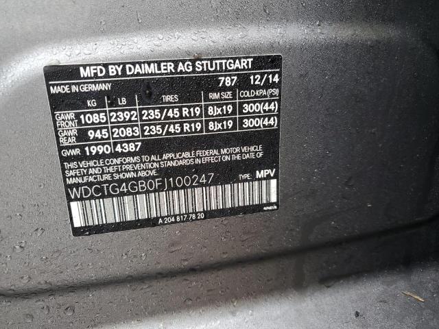 WDCTG4GB0FJ100247 - 2015 MERCEDES-BENZ GLA 250 4MATIC CHARCOAL photo 12