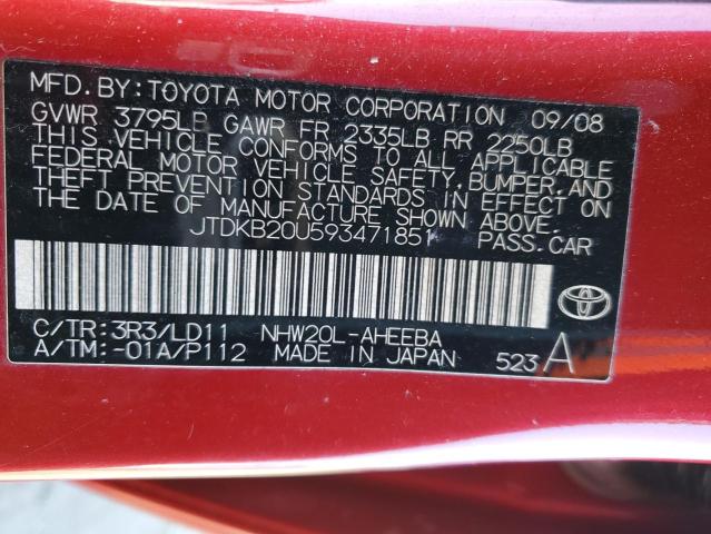 JTDKB20U593471851 - 2009 TOYOTA PRIUS RED photo 12