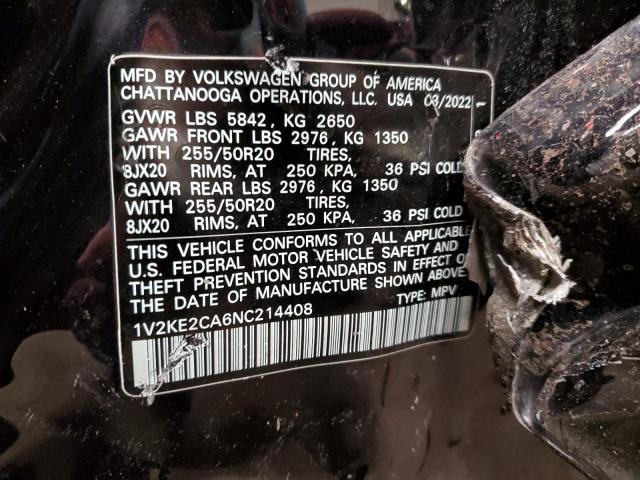 1V2KE2CA6NC214408 - 2022 VOLKSWAGEN ATLAS CROS SE Черный фото 12