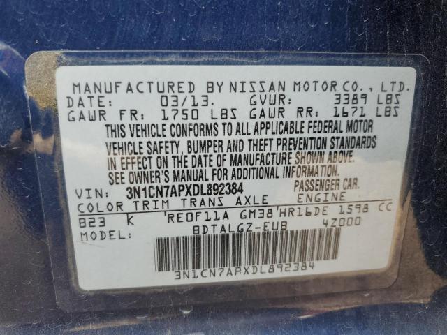 3N1CN7APXDL892384 - 2013 NISSAN VERSA S BLUE photo 12