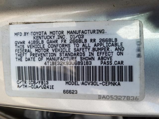 4T1BE32K93U689183 - 2003 TOYOTA CAMRY LE  photo 10