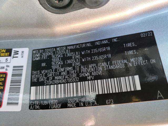 5TDHZRBH6NS195932 - 2022 TOYOTA HIGHLANDER XLE SILVER photo 14