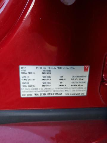 5YJSA1E29HF189458 - 2017 TESLA MODEL S წითელი ფოტო 12