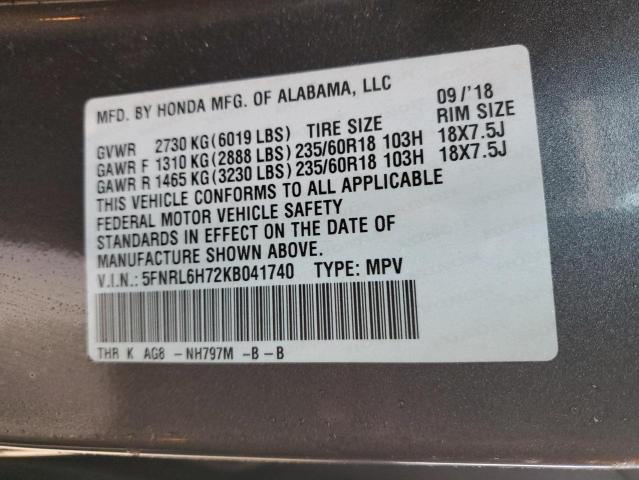 5FNRL6H72KB041740 - 2019 HONDA ODYSSEY EXL GRAY photo 14