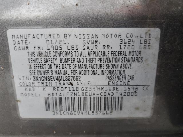 3N1CN8EV4ML857662 - 2021 NISSAN VERSA SV GRAY photo 13