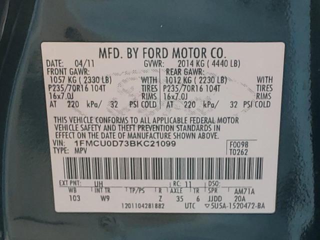 1FMCU0D73BKC21099 - 2011 FORD ESCAPE XLT BLACK photo 12