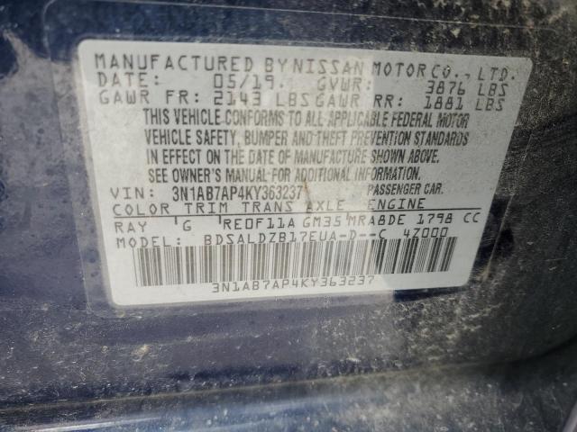 3N1AB7AP4KY363237 - 2019 NISSAN SENTRA S BLUE photo 12