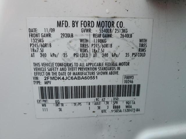 2FMDK4JC6ABA60551 - 2010 FORD EDGE SEL WHITE photo 12