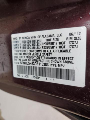 5FNRL5H63CB116383 - 2012 HONDA ODYSSEY EXL BURGUNDY photo 13