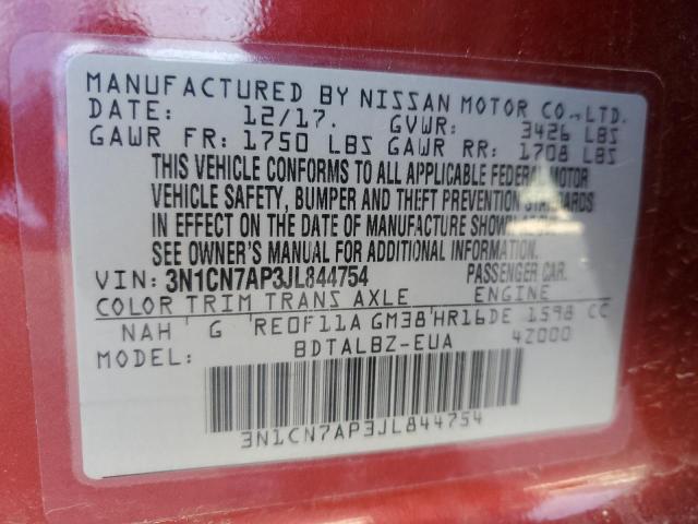 3N1CN7AP3JL844754 - 2018 NISSAN VERSA S RED photo 12