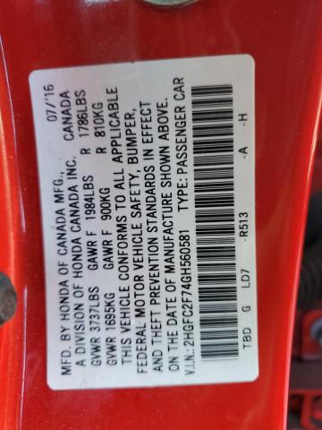 2HGFC2F74GH560581 - 2016 HONDA CIVIC EX RED photo 12