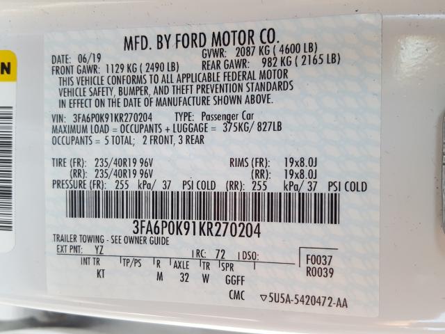 3FA6P0K91KR270204 - 2019 FORD FUSION TITANIUM  photo 10