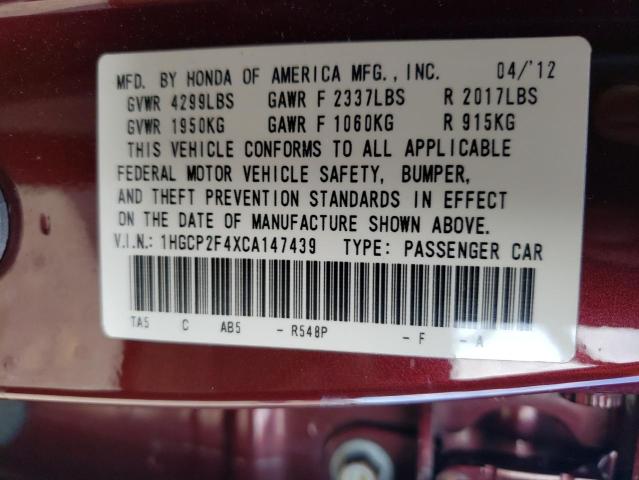 1HGCP2F4XCA147439 - 2012 HONDA ACCORD LXP MAROON photo 13