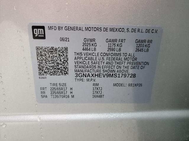 3GNAXHEV9MS179728 - 2021 CHEVROLET EQUINOX LS SILVER photo 13