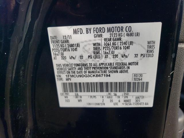 1FMCU9DG3CKB67194 - 2012 FORD ESCAPE XLT BLACK photo 14