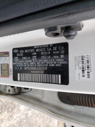 3KPA24AD8LE322534 - 2020 KIA RIO LX WHITE photo 12