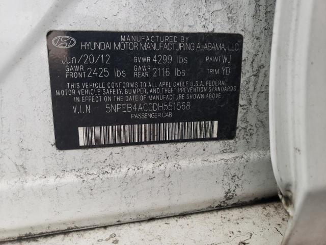 5NPEB4AC0DH551568 - 2013 HYUNDAI SONATA GLS WHITE photo 12