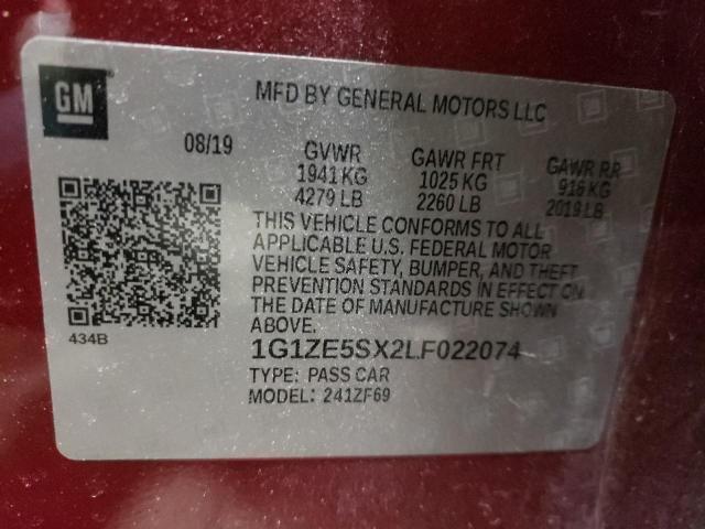 1G1ZE5SX2LF022074 - 2020 CHEVROLET MALIBU PREMIER RED photo 12