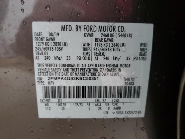 2FMPK4G93KBC50351 - 2019 FORD EDGE SE BROWN photo 12