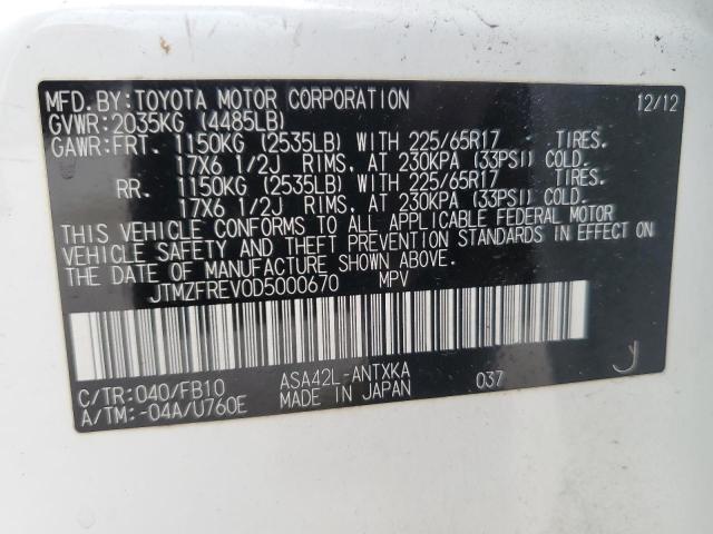 JTMZFREV0D5000670 - 2013 TOYOTA RAV4 LE WHITE photo 13