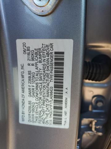 1HGCV1F17LA098433 - 2020 HONDA ACCORD LX GRAY photo 12