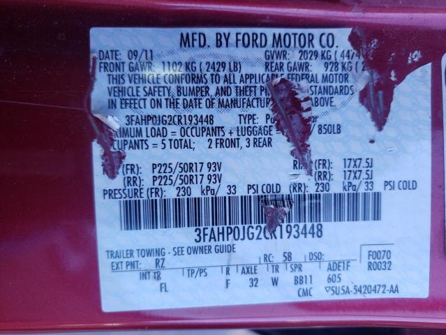 3FAHP0JG2CR193448 - 2012 FORD FUSION SEL RED photo 13