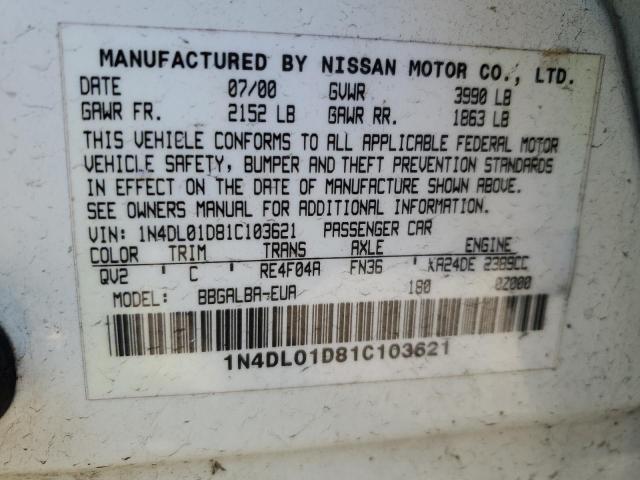 1N4DL01D81C103621 - 2001 NISSAN ALTIMA XE WHITE photo 12