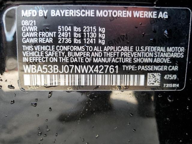 WBA53BJ07NWX42761 - 2022 BMW 540 I BLACK photo 12