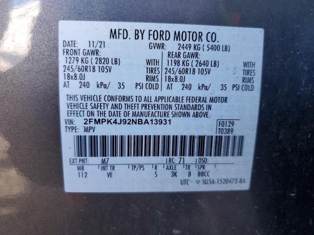 2FMPK4J92NBA13931 - 2022 FORD EDGE SEL GRAY photo 12