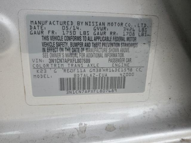 3N1CN7APXFL807689 - 2015 NISSAN VERSA S GRAY photo 12