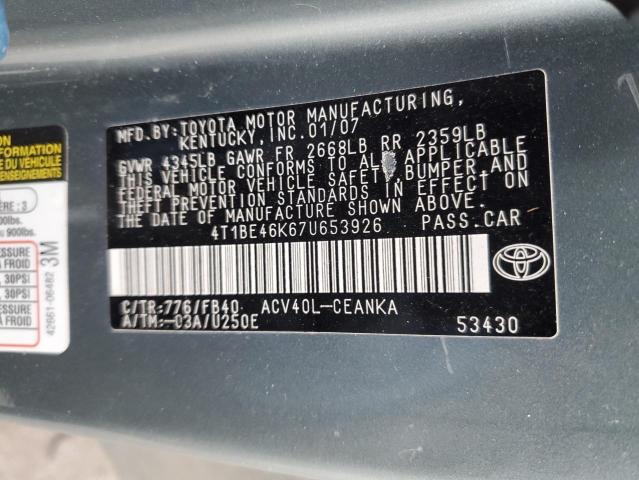 4T1BE46K67U653926 - 2007 TOYOTA CAMRY CE TURQUOISE photo 12