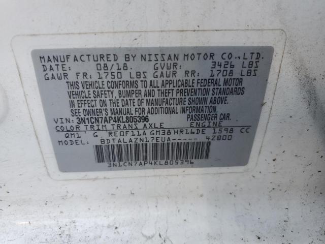 3N1CN7AP4KL805396 - 2019 NISSAN VERSA S WHITE photo 12