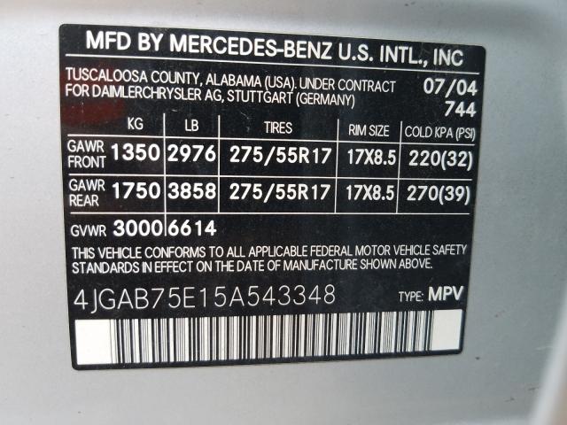 4JGAB75E15A543348 - 2005 MERCEDES-BENZ ML 500  photo 10