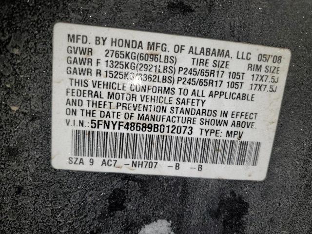 5FNYF48689B012073 - 2009 HONDA PILOT EXL BLACK photo 12