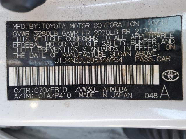 JTDKN3DU2B5346954 - 2011 TOYOTA PRIUS WHITE photo 12