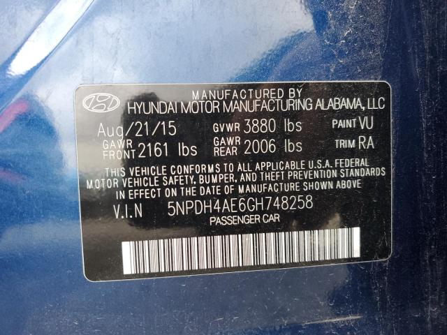 5NPDH4AE6GH748258 - 2016 HYUNDAI ELANTRA SE BLUE photo 12