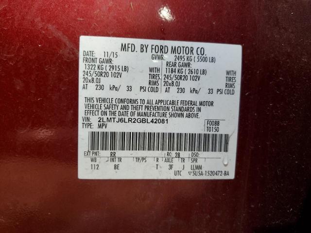 2LMTJ6LR2GBL42081 - 2016 LINCOLN MKX RESERVE 红色 照片 13