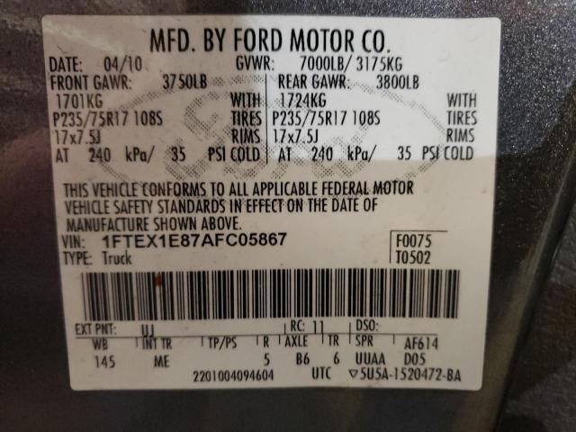 1FTEX1E87AFC05867 - 2010 FORD F150 SUPER CAB GRAY photo 12