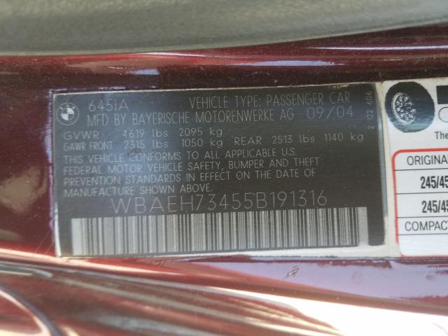 WBAEH73455B191316 - 2005 BMW 645 CI AUTOMATIC  фото 10