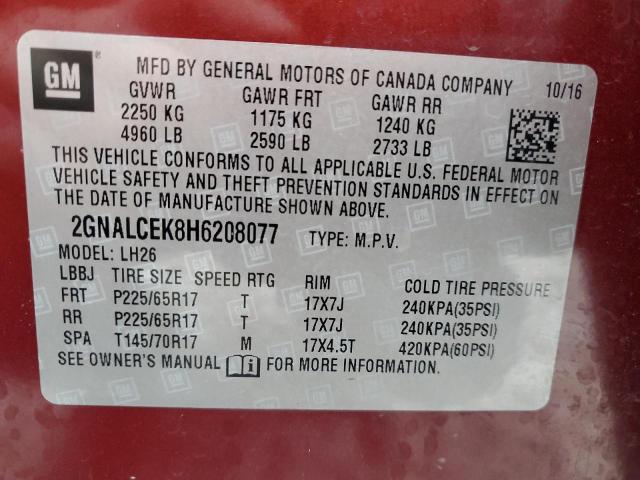 2GNALCEK8H6208077 - 2017 CHEVROLET EQUINOX LT MAROON photo 14