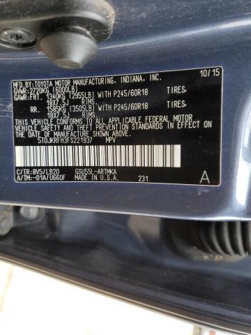 5TDJKRFH3FS221937 - 2015 TOYOTA HIGHLANDER XLE BLUE photo 13