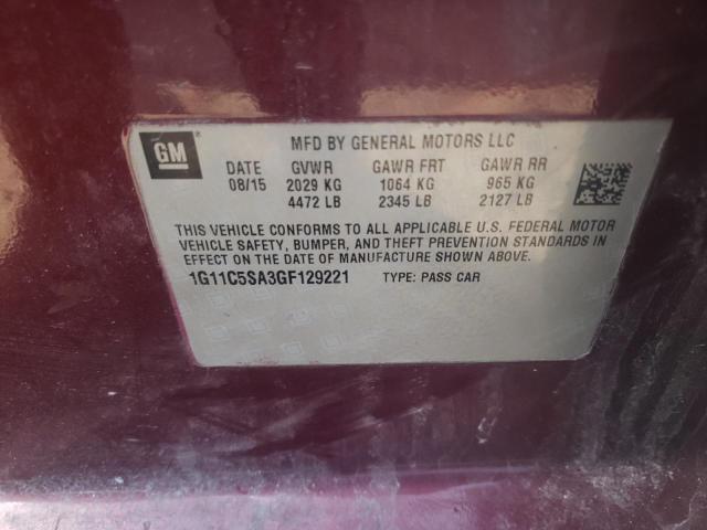 1G11C5SA3GF129221 - 2016 CHEVROLET MALIBU LIM LT 红色 照片 10