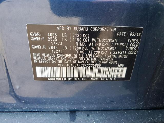 4S4BSAFC8K3235690 - 2019 SUBARU OUTBACK 2.5I PREMIUM BLUE photo 12