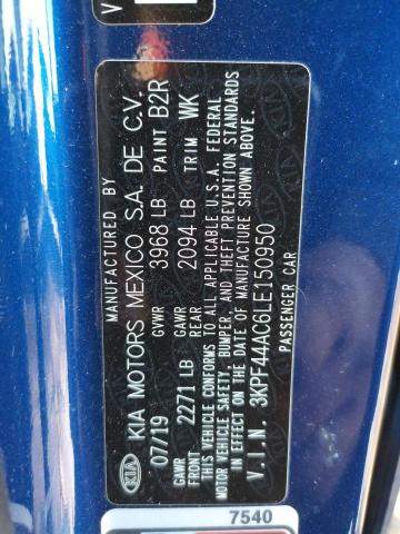 3KPF44AC6LE150950 - 2020 KIA FORTE GT BLUE photo 10