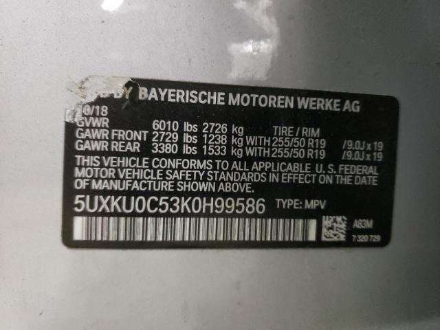 5UXKU0C53K0H99586 - 2019 BMW X6 SDRIVE35I SILVER photo 12