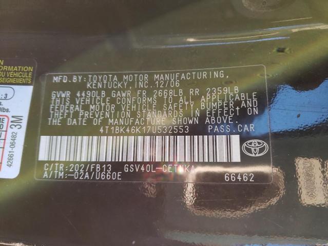 4T1BK46K17U532553 - 2007 TOYOTA CAMRY LE BLACK photo 12