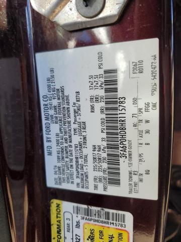 3FA6P0HD8HR115783 - 2017 FORD FUSION SE BURGUNDY photo 13