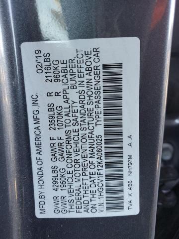 1HGCV1F12KA060025 - 2019 HONDA ACCORD LX CHARCOAL photo 12