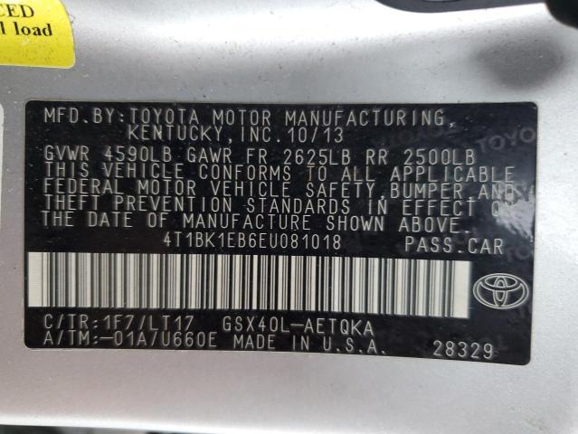 4T1BK1EB6EU081018 - 2014 TOYOTA AVALON BASE SILVER photo 12